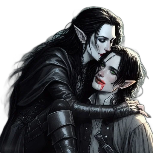 fantasy art, concept art, comic book art, pixel art, dark, two, elves, one transparent PNG cut-out