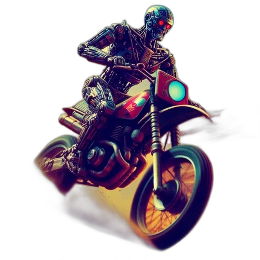 concept art, pixel art, comic book art, 3d render, futuristic, robot, rides, motorcycle transparent PNG cut-out