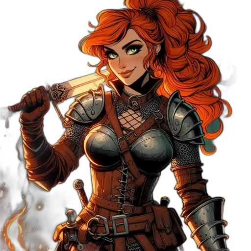 comic book art, fantasy art, concept art, cartoon, fire, fearless, warrior, stands transparent PNG cut-out