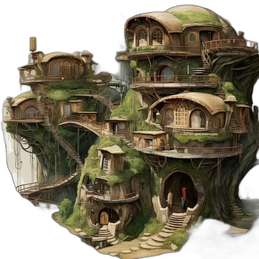 building, concept art, fantasy art, 3d render, photorealistic, earth tones, serene, village transparent PNG cut-out