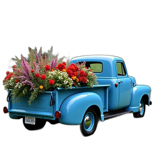 car, flower, photorealistic, 3d render, blue, truck, flowers, surrey transparent PNG cut-out