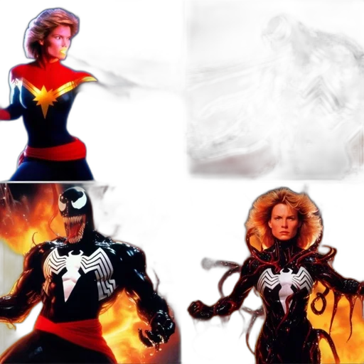 comic book art, concept art, 3d render, collage, features, characters, captain, marvel transparent PNG cut-out