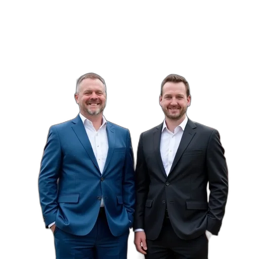 staff, jacket, two, men, suits, standing, front, train transparent PNG cut-out