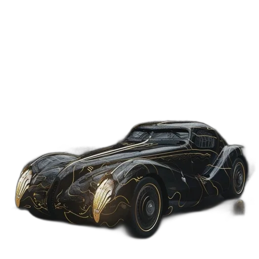 car, 3d render, concept art, photorealistic, black, gold, detailing, parked transparent PNG cut-out
