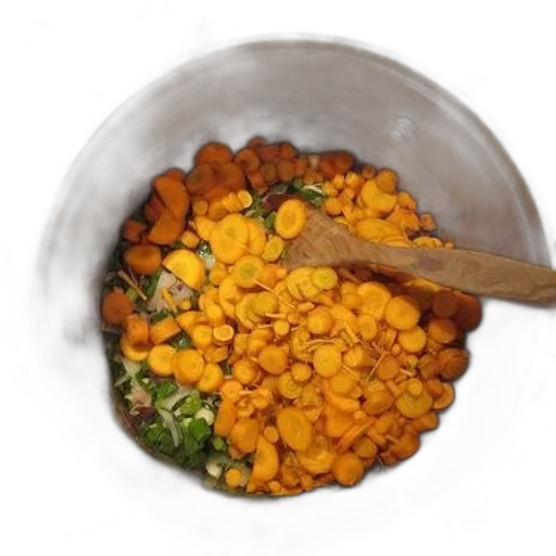 food, photorealistic, pot, filled, chopped, carrots, onions, being transparent PNG cut-out