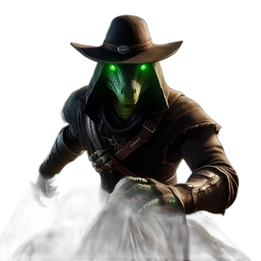 mask, hat, weapon, staff, concept art, fantasy art, green, lizard-faced transparent PNG cut-out