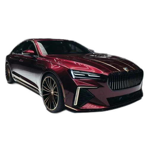 car, 3d render, photorealistic, burgundy, gold-accented, rims, parked, high-ceilinged transparent PNG cut-out