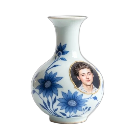 bottle, photorealistic, 3d render, white, porcelain, vase, blue, floral transparent PNG cut-out