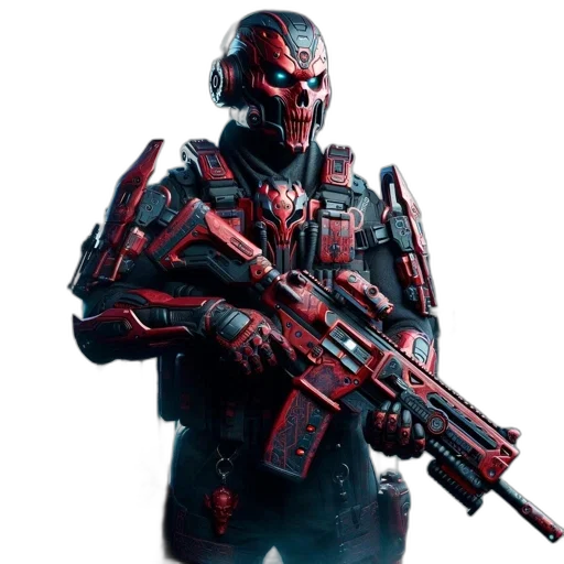 robot, weapon, face, concept art, cyberpunk, 3d render, pixel art, red transparent PNG cut-out