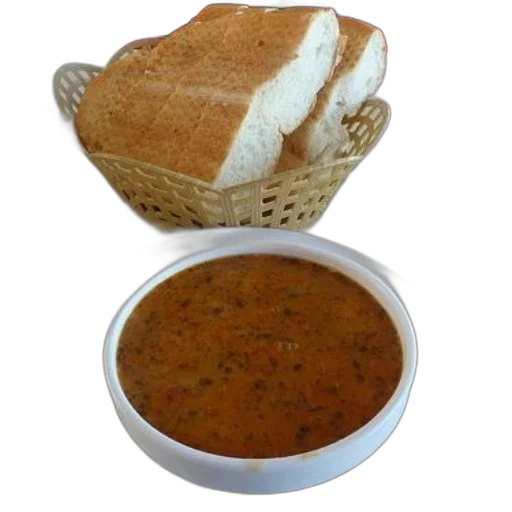 food, 3d render, photorealistic, bowl, soup, bread, basket, accompanied transparent PNG cut-out