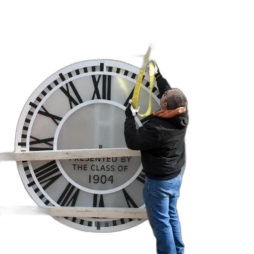 3d render, man, securing, large, clock, crate, yellow, straps transparent PNG cut-out