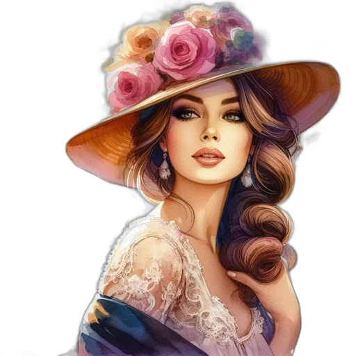 hat, dress, jewelry, face, photorealistic, fantasy art, oil painting, watercolor transparent PNG cut-out