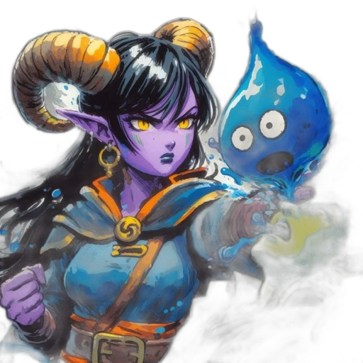 fantasy art, concept art, comic book art, watercolor, blue, purple-skinned, horned, woman transparent PNG cut-out