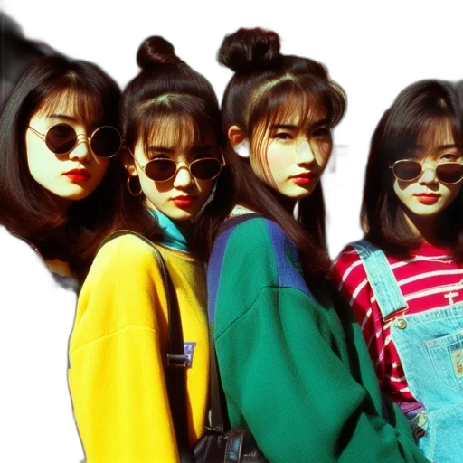 vaporwave, anime, cyberpunk, photorealistic, neon, four, youths, bright transparent PNG cut-out