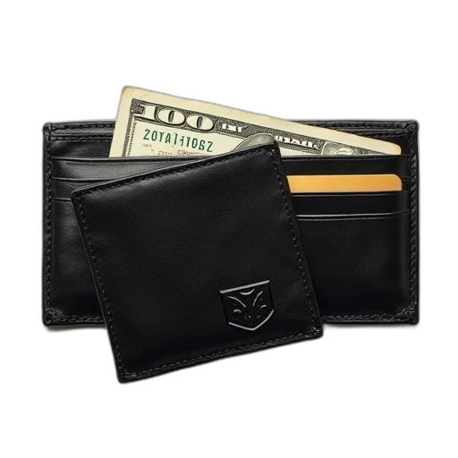 black, leather, wallet, visible, logo, front, open, displaying transparent PNG cut-out