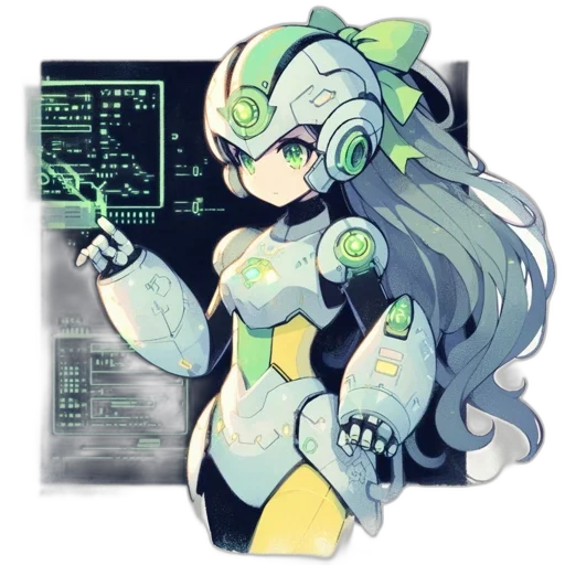 robot, staff, weapon, cyberpunk, pixel art, anime, vaporwave, outer space transparent PNG cut-out