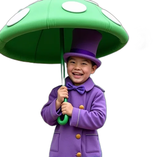 umbrella, hat, staff, 3d render, person, dressed, character, children transparent PNG cut-out