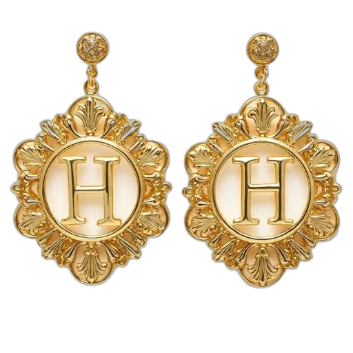 jewelry, pair, gold, earrings, circular, design, featuring, monogrammed transparent PNG cut-out