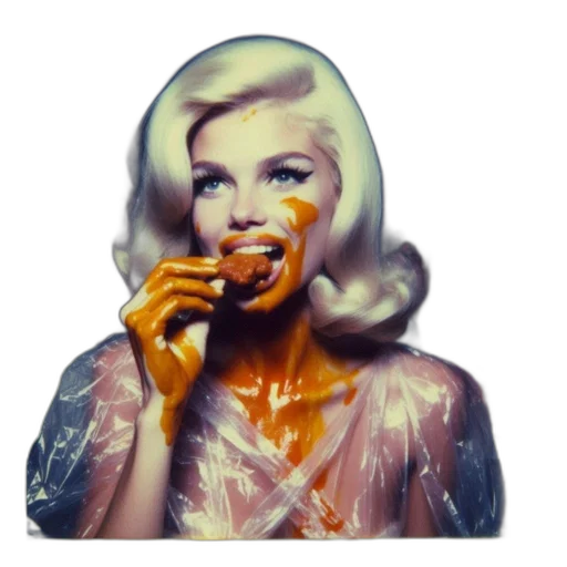 food, face, photorealistic, neon lights, golden, woman, blonde, hair transparent PNG cut-out