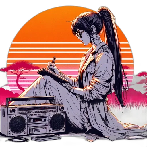 vaporwave, cyberpunk, anime, concept art, sunset, neon lights, beach, fire transparent PNG cut-out