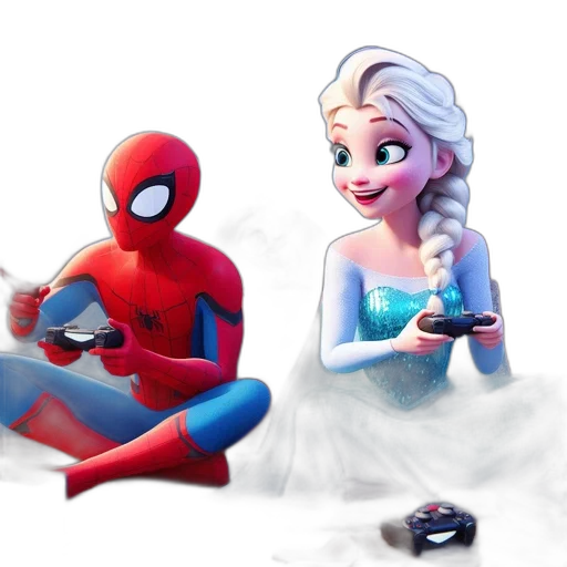 concept art, comic book art, 3d render, fantasy art, spider-man, elsa, sit, together transparent PNG cut-out