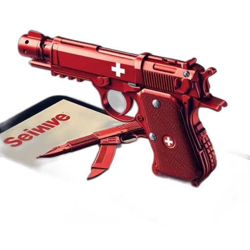 weapon, 3d render, concept art, pixel art, red, toy, gun, possibly transparent PNG cut-out