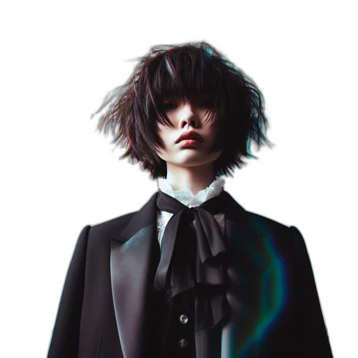 jacket, hair, face, concept art, photorealistic, cyberpunk, dark, monochrome transparent PNG cut-out