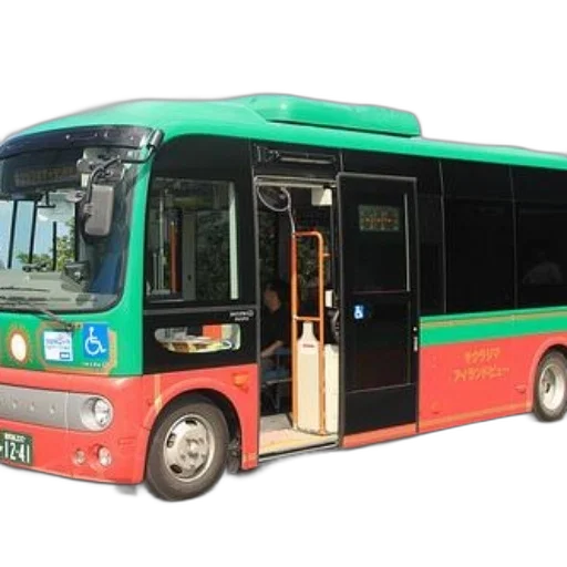 3d render, photorealistic, concept art, green, red, bus, open, door transparent PNG cut-out