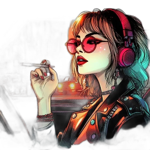 jacket, face, cyberpunk, concept art, comic book art, cartoon, neon lights, fire transparent PNG cut-out