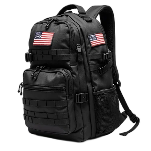 black, tactical, backpack, large, rip, right, side, revealing transparent PNG cut-out