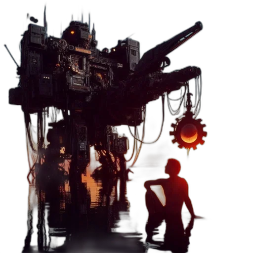 robot, weapon, concept art, cyberpunk, 3d render, pixel art, fire, outer space transparent PNG cut-out