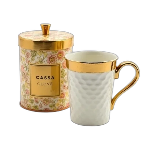 gold-colored, ceramic, mug, textured, surface, matching, lid, displayed transparent PNG cut-out