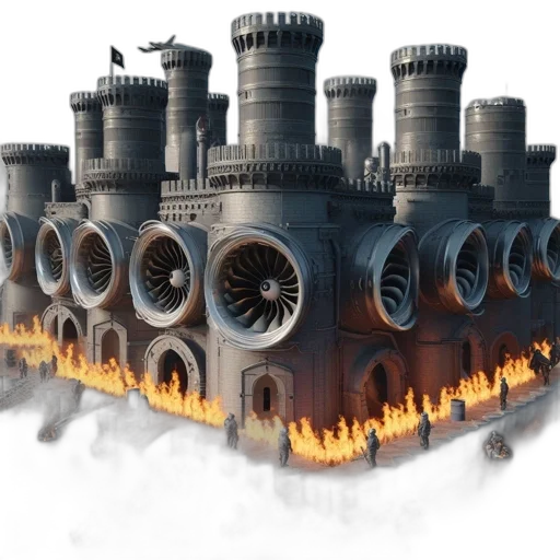 building, 3d render, concept art, fantasy art, photorealistic, fire, fortress-like, structure transparent PNG cut-out