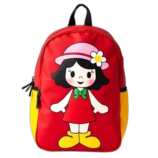 dress, 3d render, cartoon, anime, photorealistic, red, yellow, backpack transparent PNG cut-out