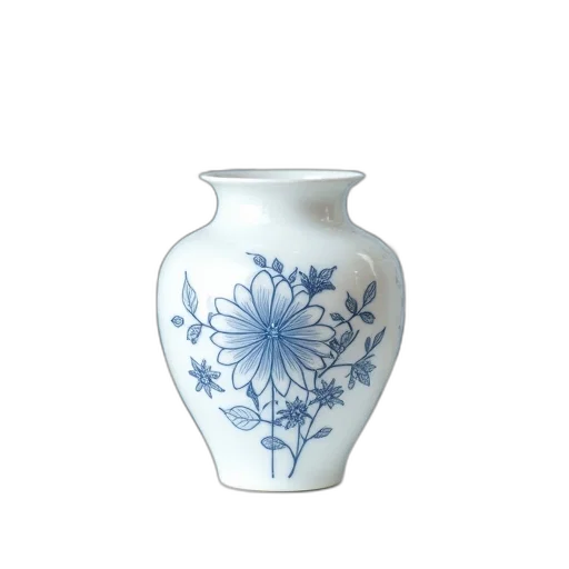 bottle, flower, 3d render, photorealistic, blue, white, porcelain, vase transparent PNG cut-out