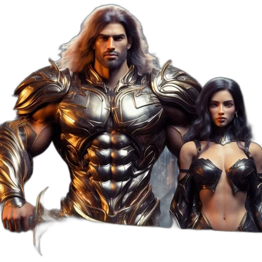 comic book art, fantasy art, concept art, 3d render, two, powerful, figures, one transparent PNG cut-out