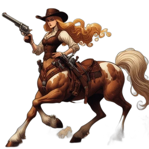 concept art, fantasy art, comic book art, pixel art, cowgirl, rides, galloping, horse transparent PNG cut-out