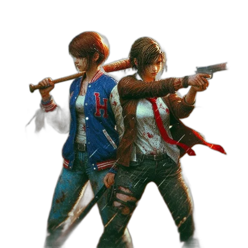 weapon, jacket, concept art, pixel art, 3d render, comic book art, two, women transparent PNG cut-out