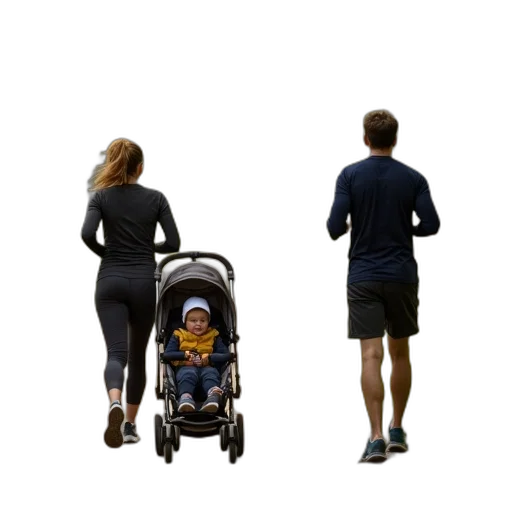 woman, jogging, child, stroller, dirt, path, surrounded, trees transparent PNG cut-out
