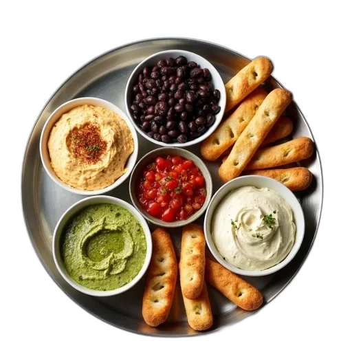 food, variety, dips, breadsticks, arranged, silver, platter, include transparent PNG cut-out
