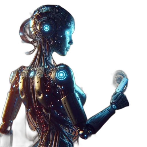 robot, dress, staff, concept art, cyberpunk, 3d render, fantasy art, blue transparent PNG cut-out