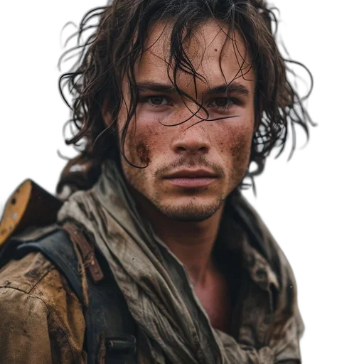 face, hair, weapon, jacket, photorealistic, rugged-looking, young, man transparent PNG cut-out