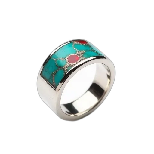 jewelry, crown, silver, ring, turquoise, red, gemstone, inlay transparent PNG cut-out
