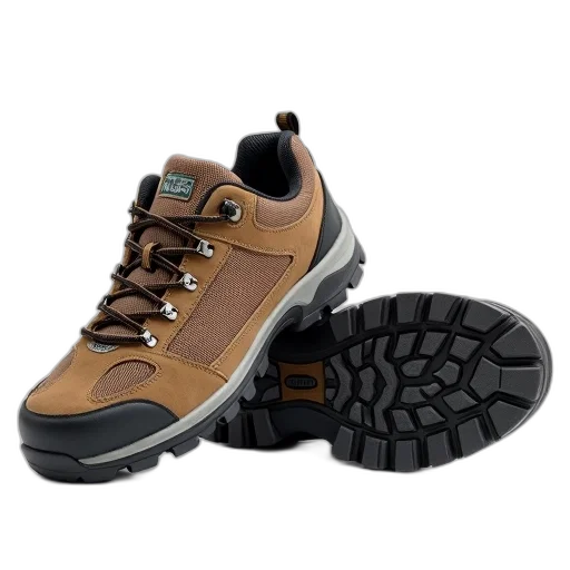 shoes, pair, brown, hiking, black, accents, laces, displayed transparent PNG cut-out