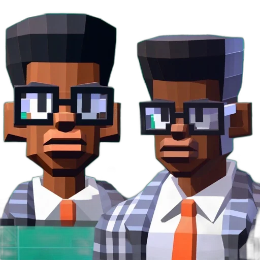staff, 3d render, pixel art, concept art, cartoon, two, men, dark transparent PNG cut-out