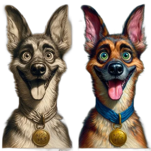concept art, fantasy art, photorealistic, 3d render, side-by-side, comparison, german, shepherd transparent PNG cut-out