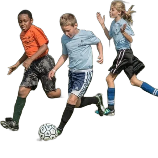 three, children, playing, soccer, grass, field transparent PNG cut-out