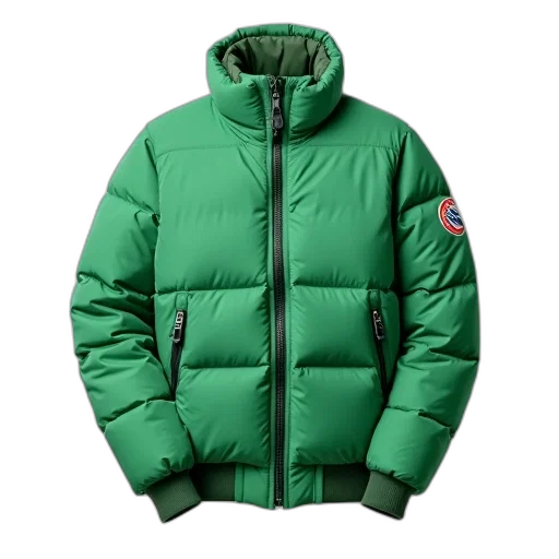 jacket, green, puffer, zipper, logo, left, sleeve, displayed transparent PNG cut-out