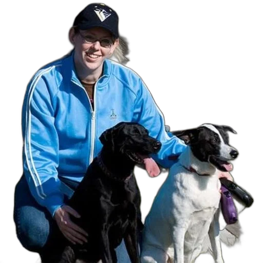 staff, jacket, animal, woman, blue, black, hat, sits transparent PNG cut-out