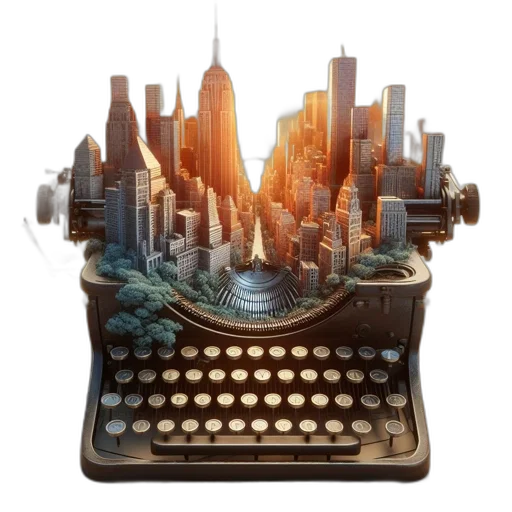 concept art, 3d render, vintage, typewriter, has, miniature, buildings, trees transparent PNG cut-out